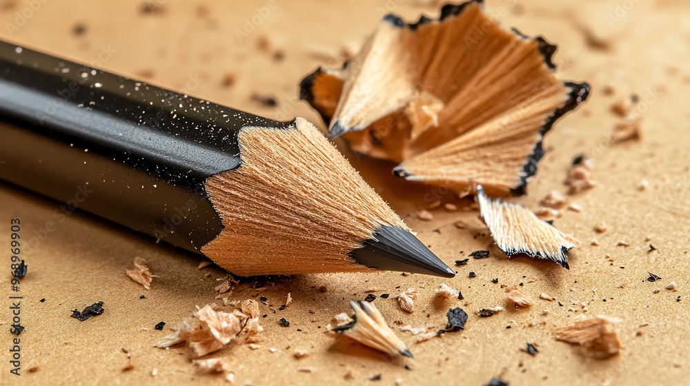 A pencil on a brown surface, with shavings around it. A pencil on a brown surface, with shavings around it.
