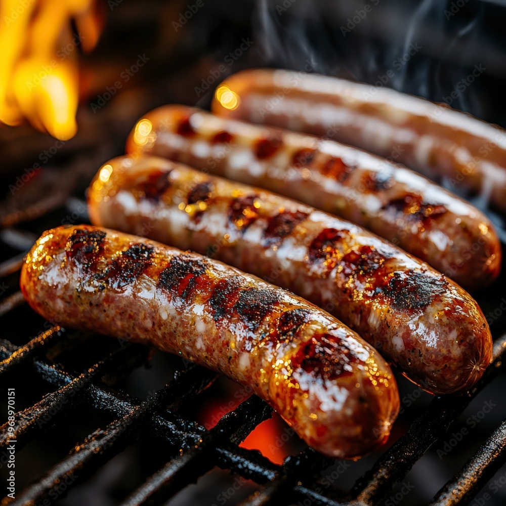 Grilled German Sausages on Barbecue Grill Grilled German Sausages on Barbecue Grill