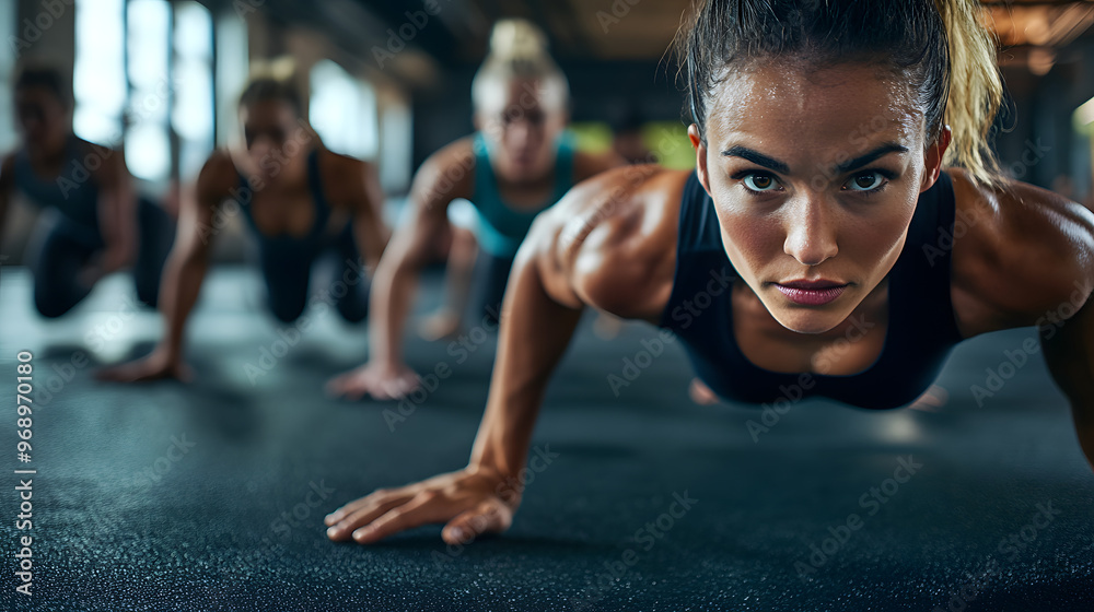 A group of athletes performing burpees in a highintensity circuit showcasing endurance and fullbody engagement. A group of athletes performing burpees in a highintensity circuit showcasing endurance and fullbody engagement.