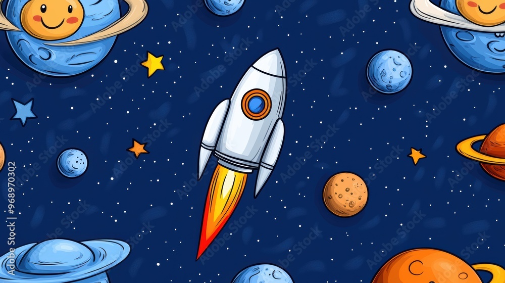 A cartoon space background with a rocket and planets, AI A cartoon space background with a rocket and planets, AI