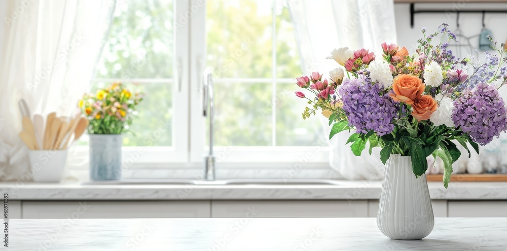 An elegant marble kitchen counter adorned with flowers and a vase An elegant marble kitchen counter adorned with flowers and a vase