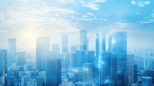 Cityscape with Tall Glass Buildings and a Blue Sky