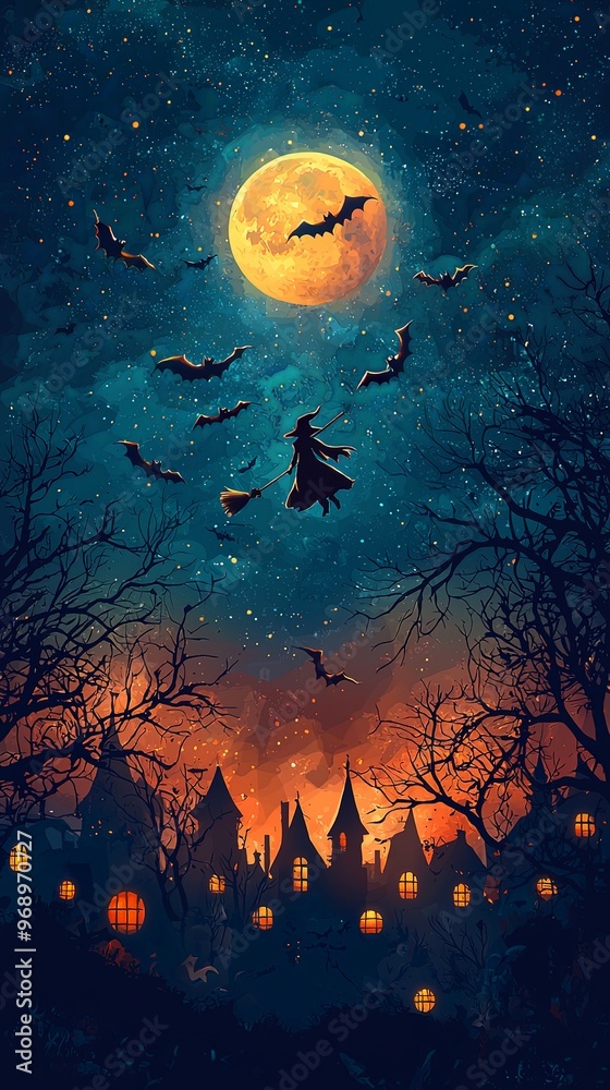 A witch on a broomstick flies through the night sky accompanied by bats. In the background, a glowing full moon illuminates a village with lit windows, creating an eerie atmosphere. A witch on a broomstick flies through the night sky accompanied by bats. In the background, a glowing full moon illuminates a village with lit windows, creating an eerie atmosphere.