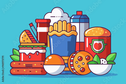 Unhealthy ultra-processed food composition featuring snacks and beverages for nutrition awareness