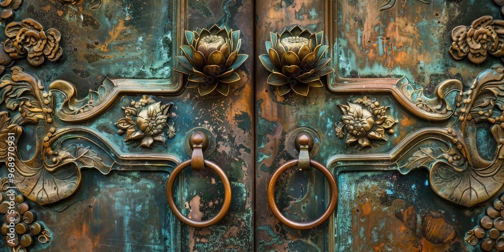 Lotus Motif and Knocker Adorning Ornate Bronze Door Lotus Motif and Knocker Adorning Ornate Bronze Door