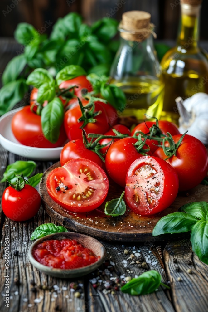 Fresh, ripe tomatoes on dark, rustic background. Arranged with basil, oil, spices, sauce. Fresh, ripe tomatoes on dark, rustic background. Arranged with basil, oil, spices, sauce.