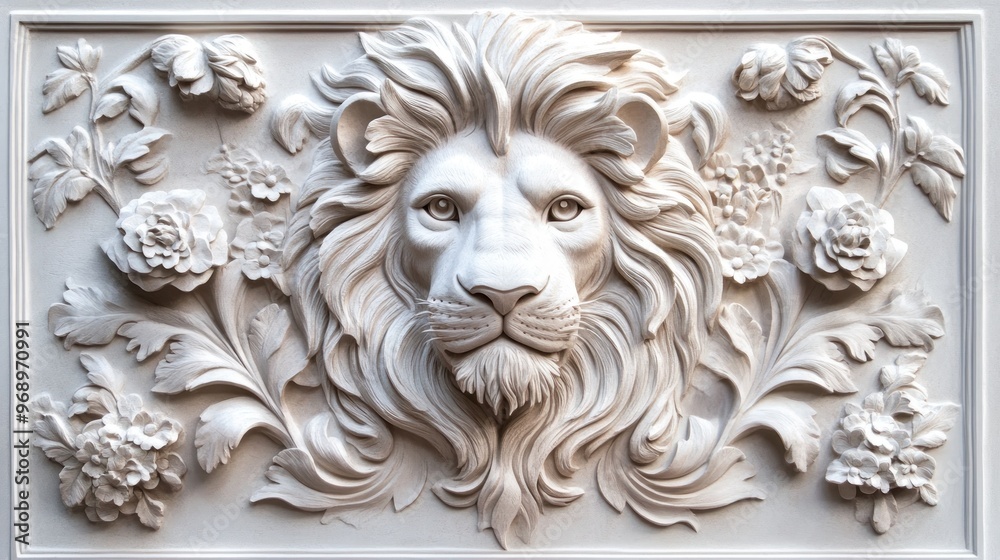 Lion Head Carved in White Marble with Floral Surroundings Lion Head Carved in White Marble with Floral Surroundings