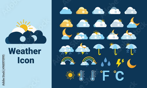 Weather icon set.  Can be used for web, apps, stickers. Isolated vector and PNG illustration on transparent background.