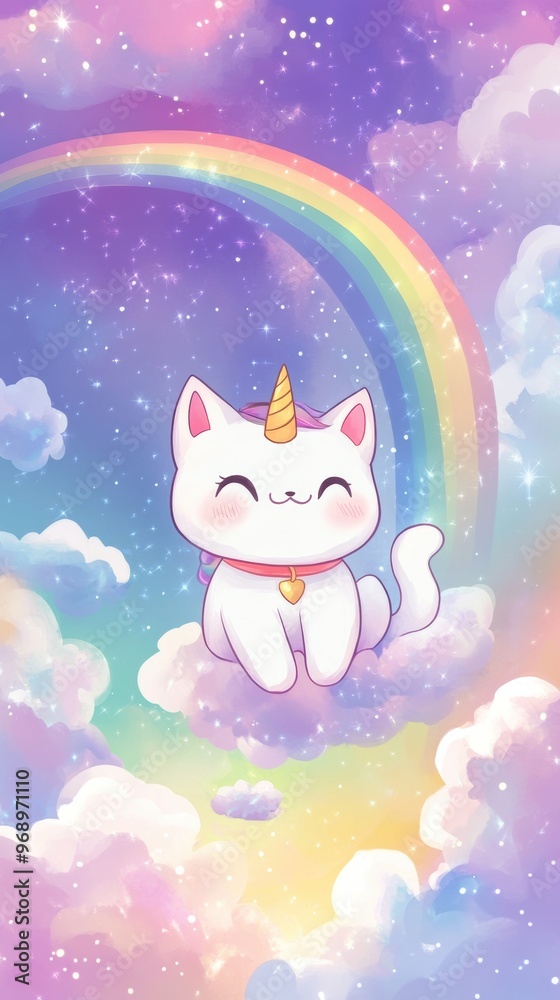 Fototapeta premium A cat sitting on a cloud with a rainbow in the background