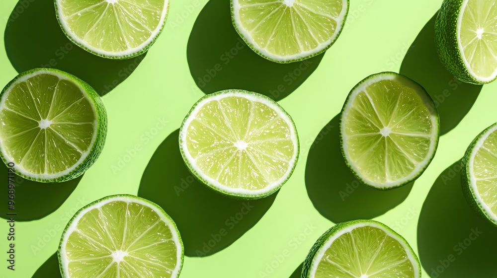 Lime slices arranged in a pattern on a light green background. Lime slices arranged in a pattern on a light green background.