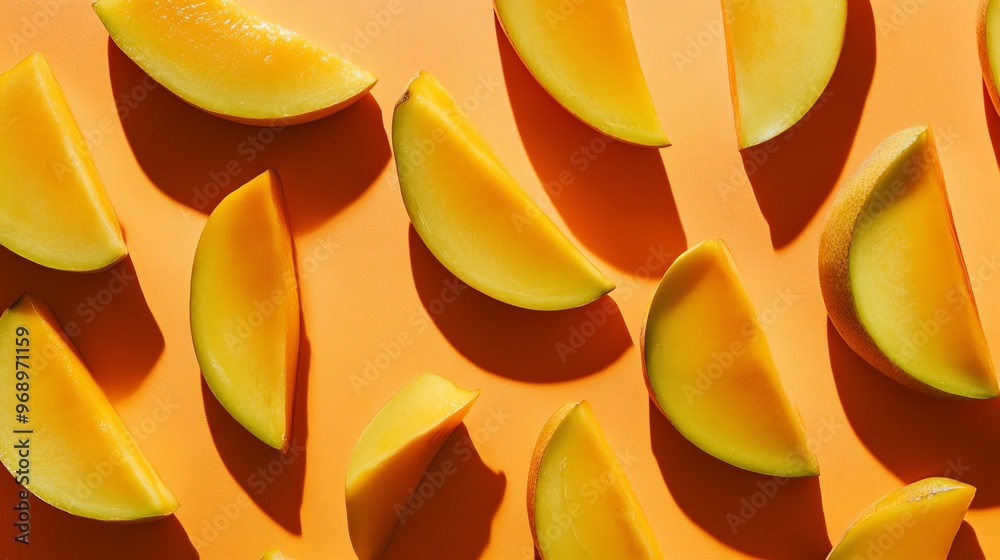 Mango slices in a pattern on an orange background. Mango slices in a pattern on an orange background.