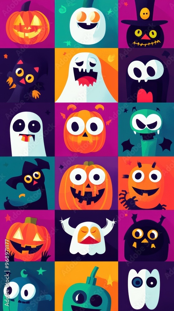 A bunch of different halloween characters on a colorful background A bunch of different halloween characters on a colorful background