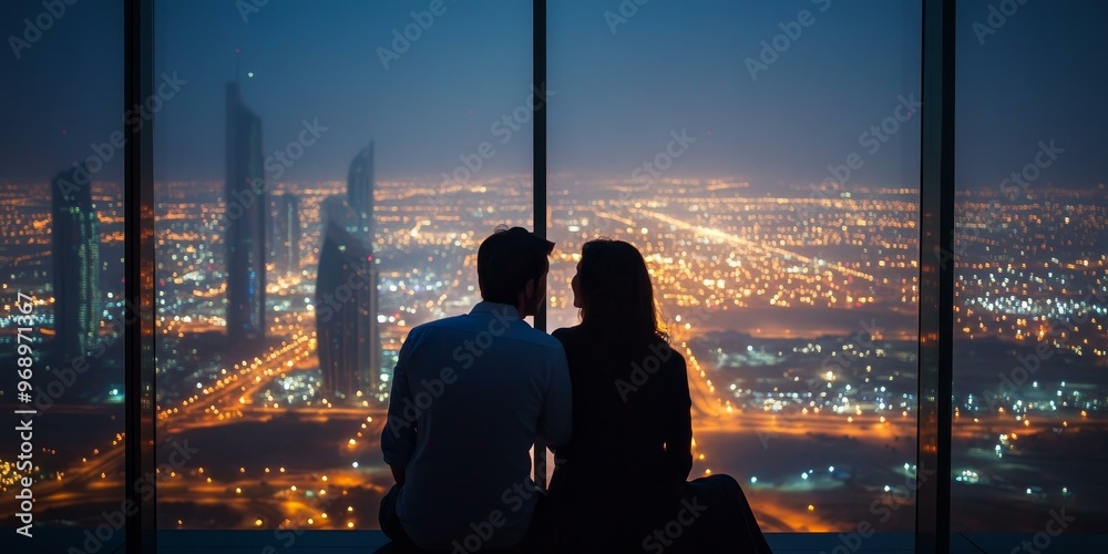 Fototapeta premium Silhouettes of a couple viewing a nighttime city.