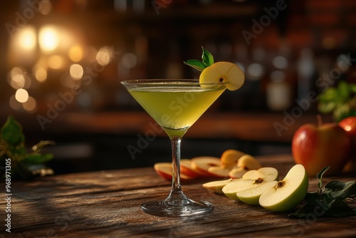 Cocktail Apple Martini light green colored placed on the right side of the table with apple slices on the table. Blurred bar with sunlight in the background. photo