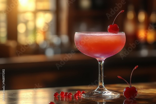 Cocktail Aviation light purple colored placed on the right side of the table with a cherry on the table. Blurred bar with sunlight in the background.