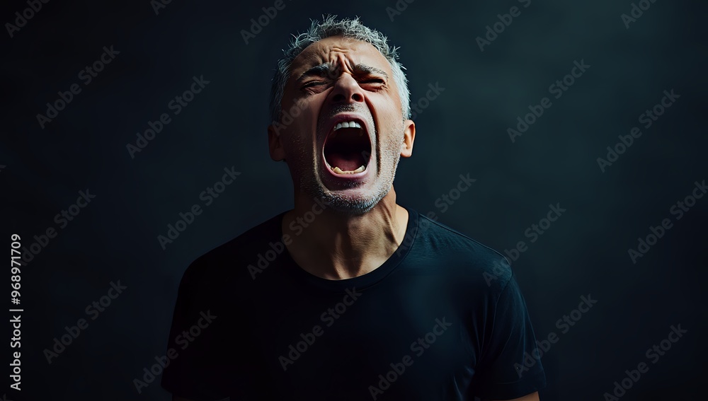 Fototapeta premium Close-up portrait of a man yelling with a black background.