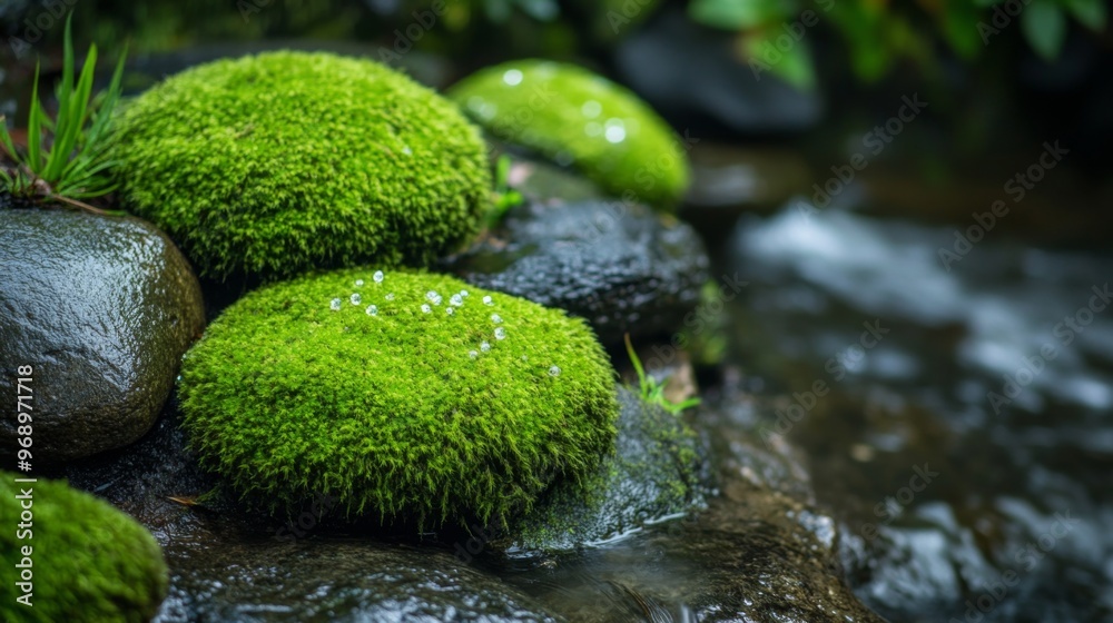 Lush green moss growing on smooth rocks beside a gentle stream. Lush green moss growing on smooth rocks beside a gentle stream.