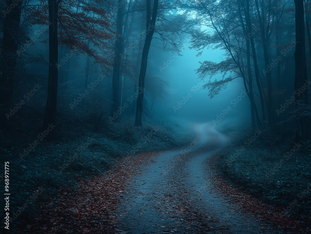 Spooky autumn forest path with fog and eerie lighting Spooky autumn forest path with fog and eerie lighting