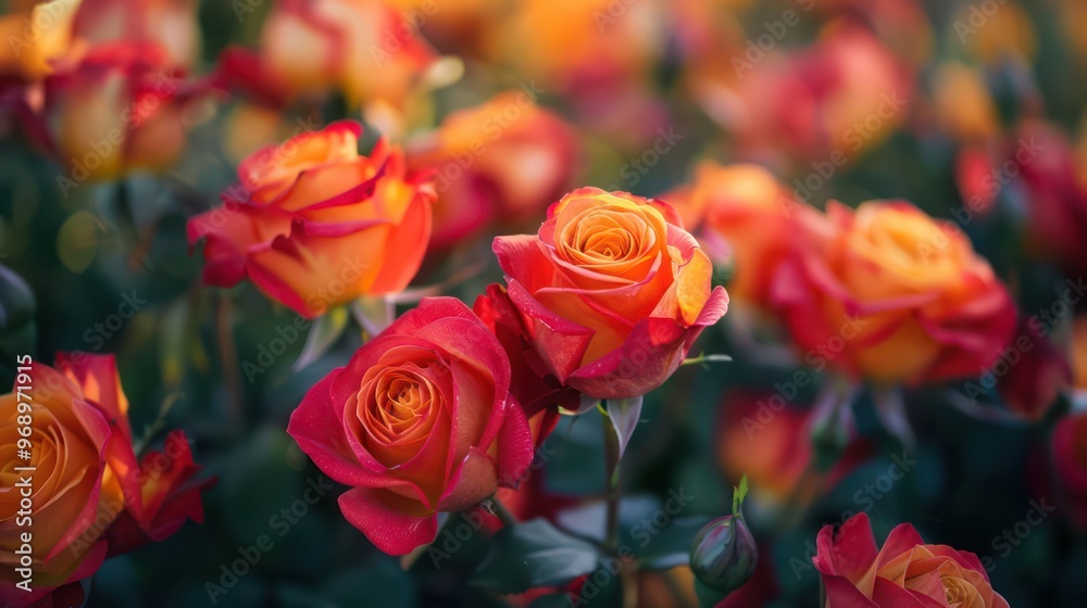 A vibrant display of orange and red roses in full bloom, showcasing their beauty and natural elegance. A vibrant display of orange and red roses in full bloom, showcasing their beauty and natural elegance.