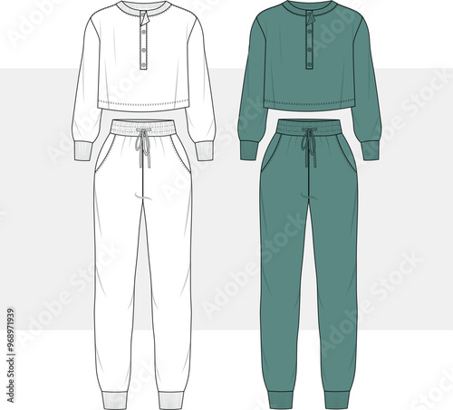 womens tracksuit set ladies crop top sweatshirt and jogging bottom technical drawing flat sketch vector illustration template.