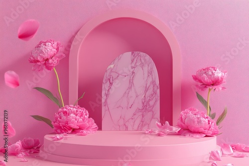 Premium podium stone template falling nature pastel petals blossom 3d marble pink 3d background product flower render pedestal valentine beauty minimal presentation cosmetic peony