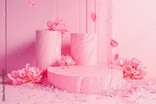 Product flower render pedestal valentine beauty minimal presentation cosmetic peony 3d marble pink podium template premium splay down pastel petals