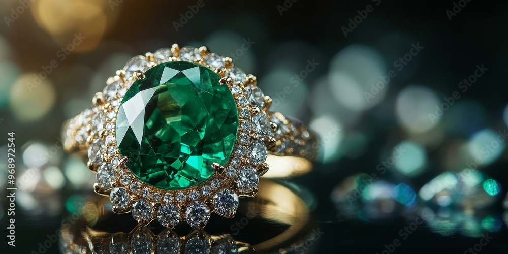A large emerald gemstone ring with a diamond halo. A large emerald gemstone ring with a diamond halo.