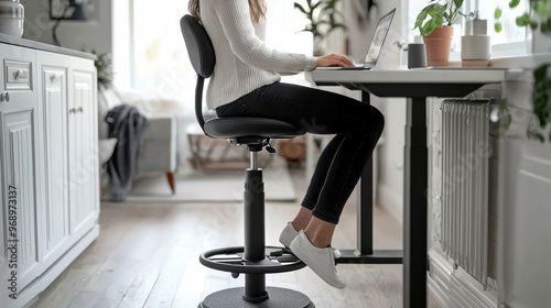 Person sitting on ergonomic office chair while working from home at a desk.