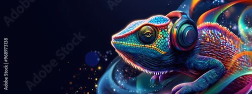 Neon Chameleon with High-Tech Headphones