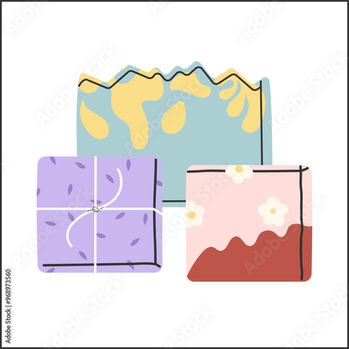 Handmade natural soaps bar different design. Organic cosmetics with herbal, plants. Transparent background