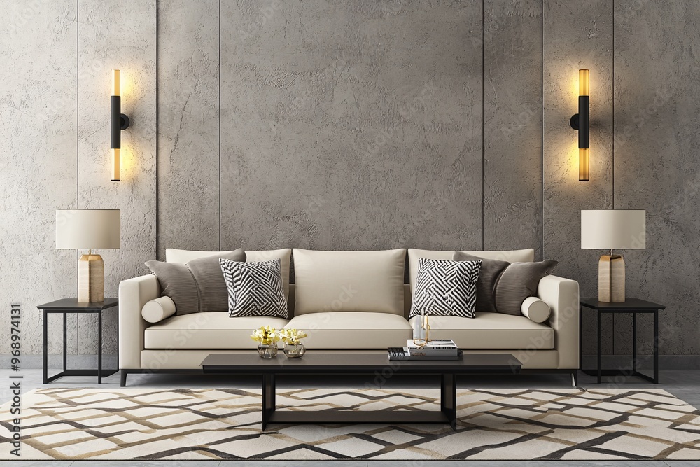 Obraz premium Modern Living Room with Concrete Wall and White Sofa.