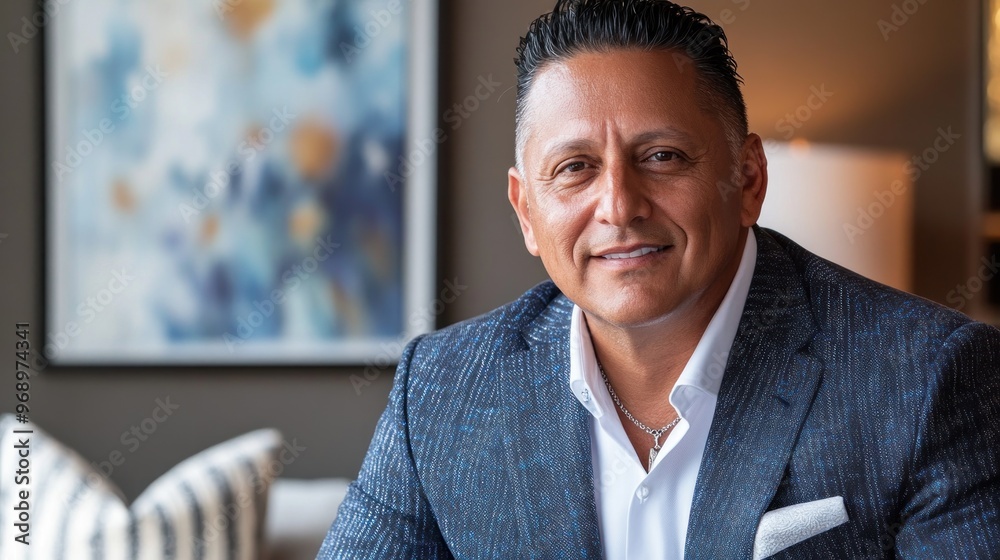 Portrait of a Man in a Blue Suit with a White Shirt and Silver Necklace Portrait of a Man in a Blue Suit with a White Shirt and Silver Necklace