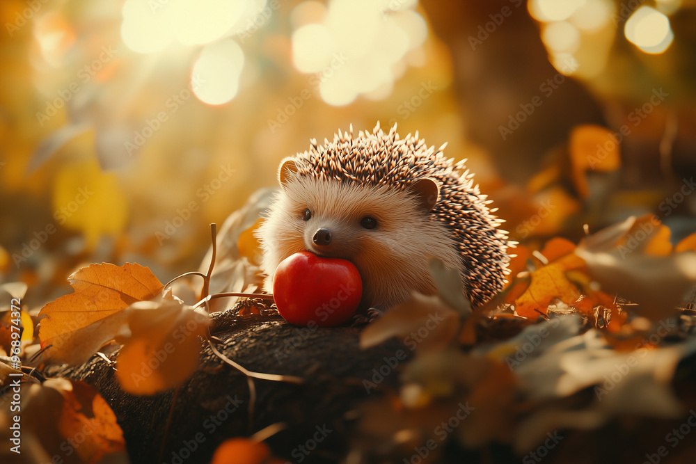 Fototapeta premium A hedgehog with a red apple in a fall orchard. A hedgehog with an apple in an autumn forest. 