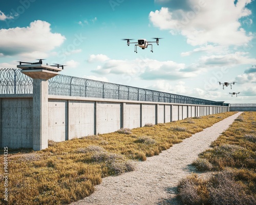 Security drones patrol a barbed-wire perimeter fence under a bright sky, showcasing advanced surveillance technology and modern safety measures.