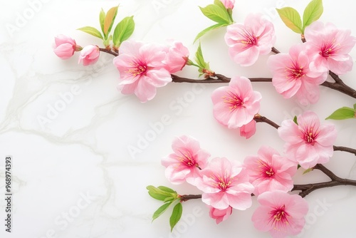 Floral pattern on marble background of apricot or plum blossoms in spring