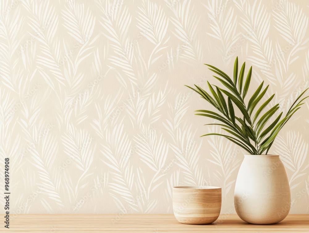 A Scandinavian-style kitchen with soft beige wallpaper featuring subtle, abstract botanical designs, paired with light wood finishes, Photorealistic, Cozy, natural tones