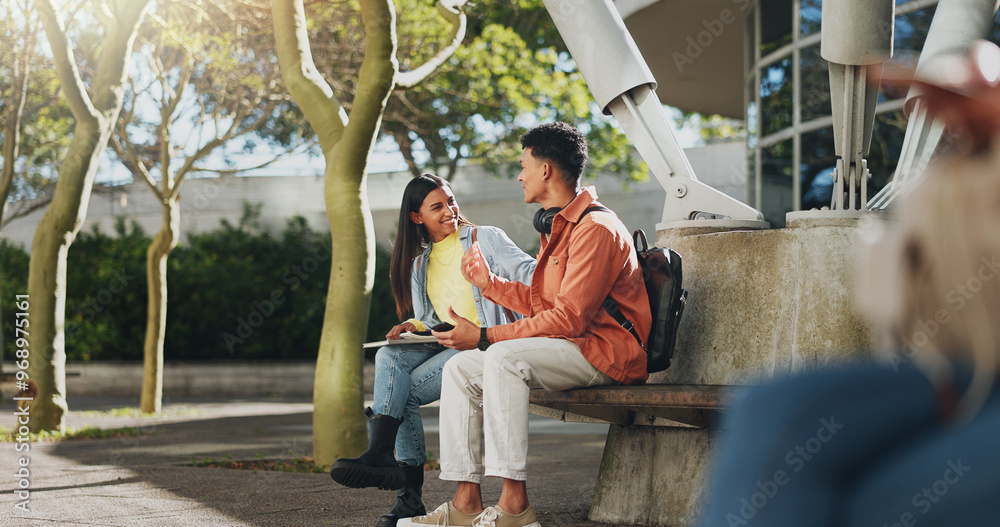 Bench, university or students on break talking or speaking of scholarship, education and future plan on campus. Outdoor, school or happy friends in college bonding in fun conversation for support Bench, university or students on break talking or speaking of scholarship, education and future plan on campus. Outdoor, school or happy friends in college bonding in fun conversation for support