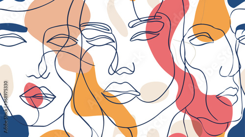 Abstract Line Art Woman Face Card and Seamless Pattern