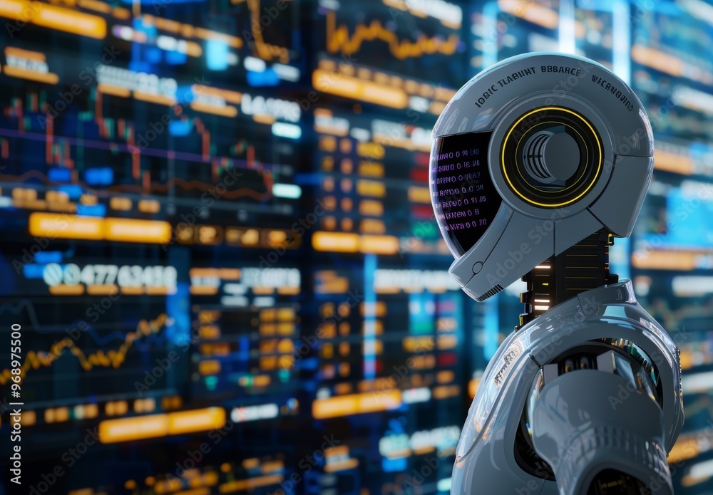 Humanoid AI Artificial intelligence robot analyzing stock market business analysis data on a digital screen, displaying graphs and charts in the background. Humanoid AI Artificial intelligence robot analyzing stock market business analysis data on a digital screen, displaying graphs and charts in the background.