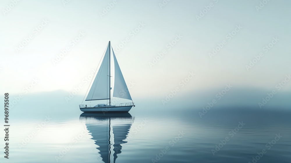 Fototapeta premium A sailboat on a calm body of water, with a soft, hazy sky.