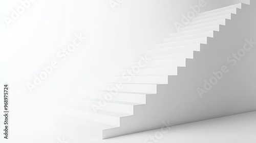 A white staircase leading upwards against a white wall.