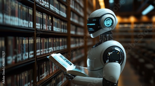 Futuristic AI-powered autonomous public libraries with robotic assistants: A library where robots organize books, assist patrons, and manage digital collections.