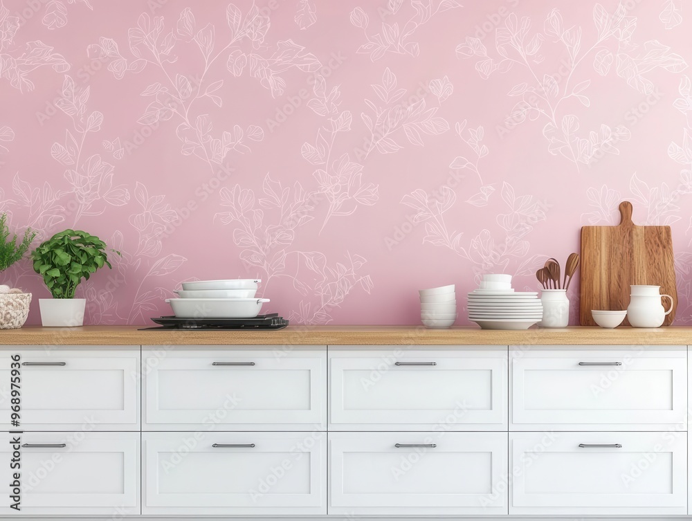 A minimalist kitchen with a feature wall covered in soft pink wallpaper with delicate, repeating leaf patterns, surrounded by white cabinets, 3D rendering, Soft modern A minimalist kitchen with a feature wall covered in soft pink wallpaper with delicate, repeating leaf patterns, surrounded by white cabinets, 3D rendering, Soft modern