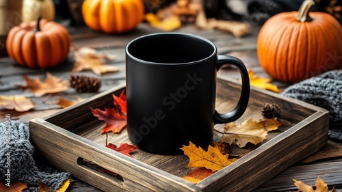 A cozy autumn setting with a black mug surrounded by colorful leaves, pumpkins, and warm textures on a wooden tray