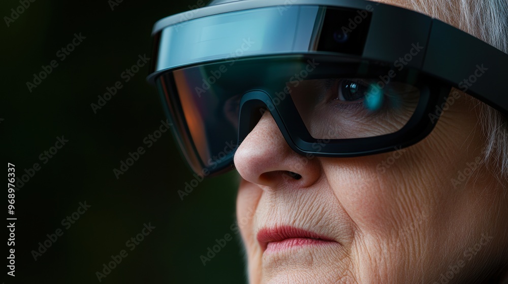 An elderly person wearing futuristic augmented reality glasses, highlighting technology and innovation in senior care or virtual experiences, Suitable for articles on tech advancements An elderly person wearing futuristic augmented reality glasses, highlighting technology and innovation in senior care or virtual experiences, Suitable for articles on tech advancements