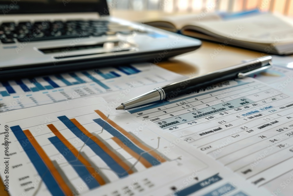 Business Charts and Financial Analysis with Pen and Laptop on Desk Business Charts and Financial Analysis with Pen and Laptop on Desk