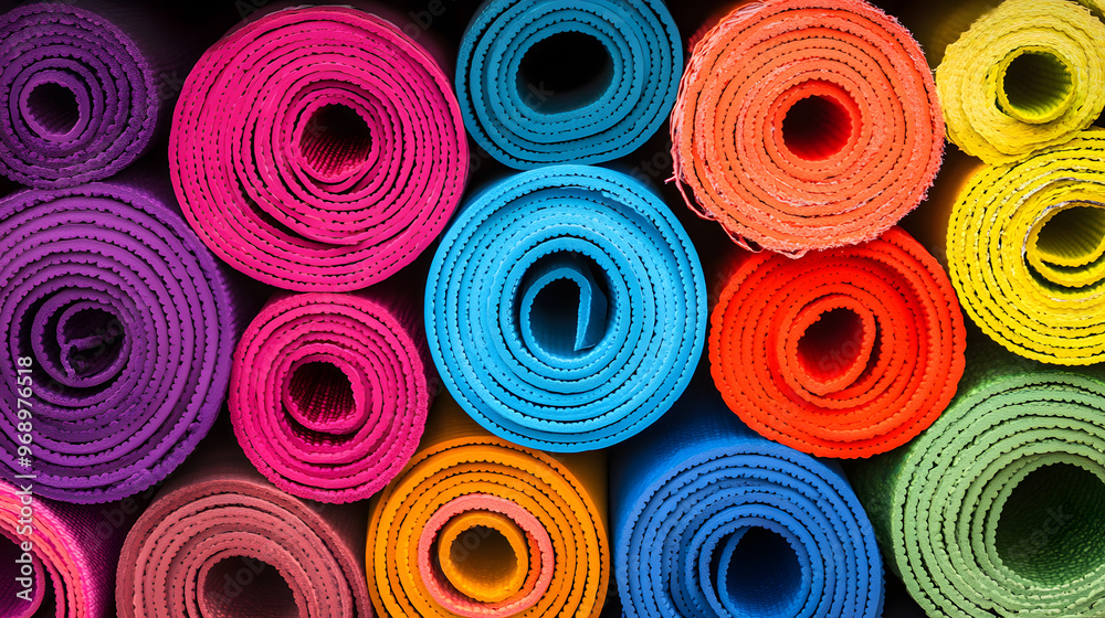 A series of colorful yoga mats rolled up and stacked neatly. A series of colorful yoga mats rolled up and stacked neatly.