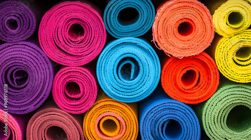 A series of colorful yoga mats rolled up and stacked neatly.