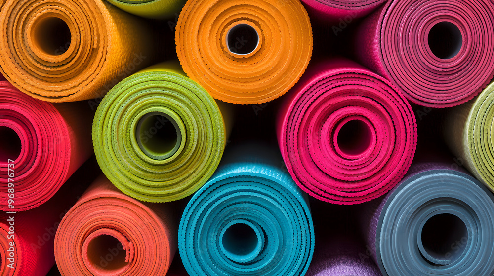 A series of colorful yoga mats rolled up and stacked neatly. A series of colorful yoga mats rolled up and stacked neatly.