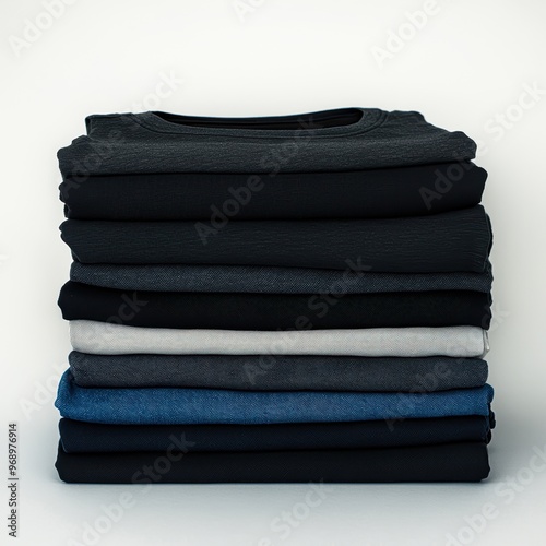 A neatly stacked pile of folded clothes in various shades of black, grey, and blue, ideal for use in laundry, clothing retail, or organization-related content, photo